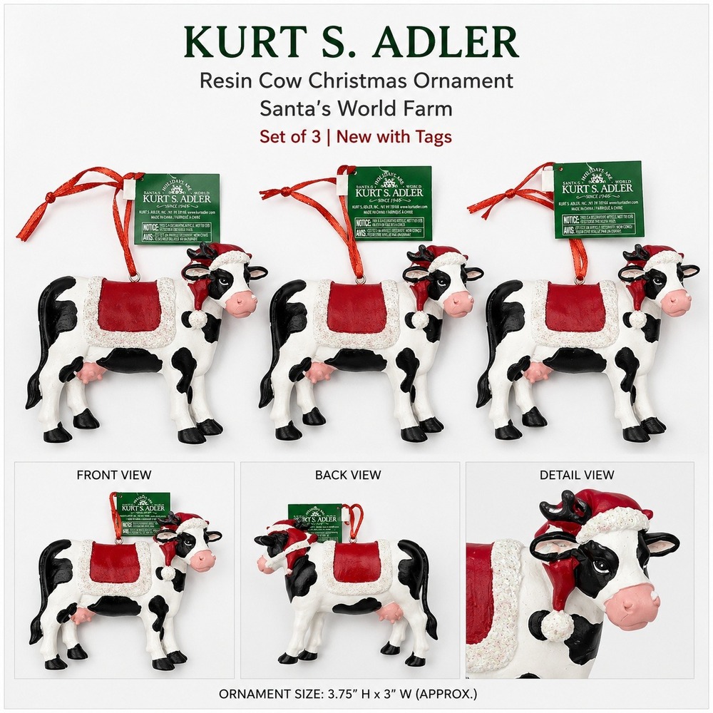 Kurt S‎ Adler Cow Christmas Ornaments Set of 3 Santas World Farm Resin Reindeer